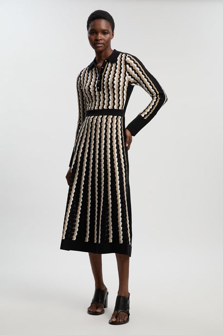 Knit Pointelle Contrast Collared Midi Dress - Image 2