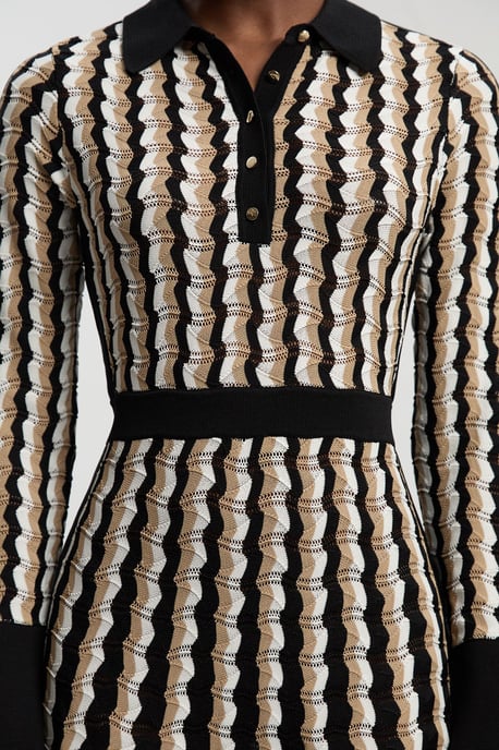 Knit Pointelle Contrast Collared Midi Dress - Image 3