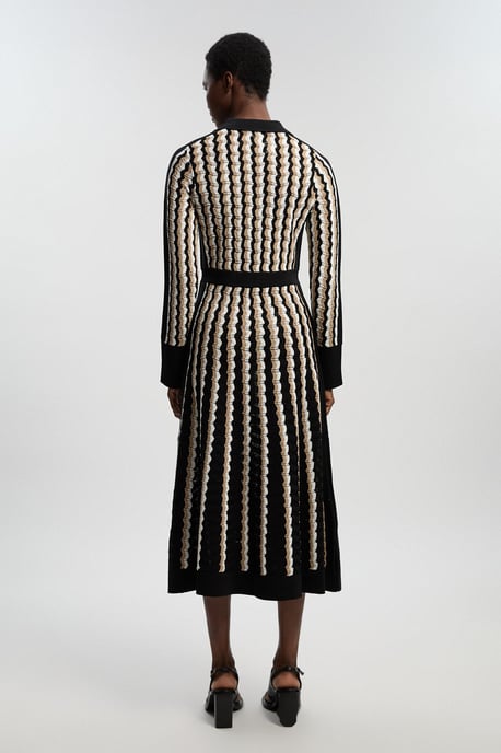 Knit Pointelle Contrast Collared Midi Dress - Image 4
