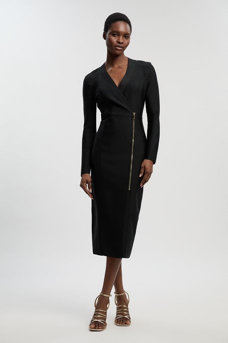 Figure Form Bandage Asymmetric Zip Detail Midi Dress - Image 1