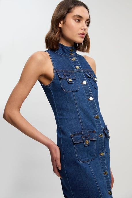 Denim Sleeveless Midi Button Detail Midi Dress - Image 2