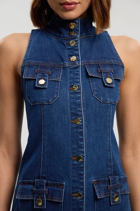Denim Sleeveless Midi Button Detail Midi Dress - Image 3