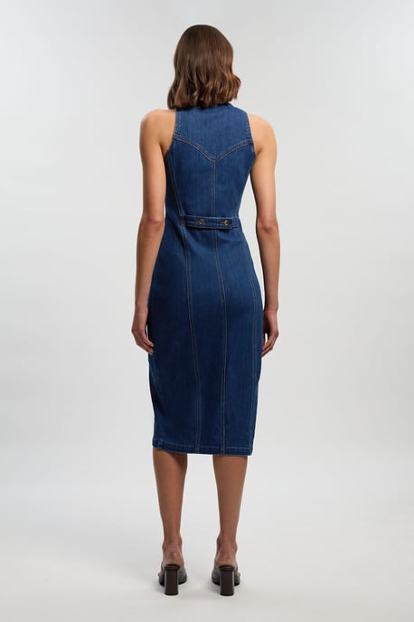 Denim Sleeveless Midi Button Detail Midi Dress - Image 4
