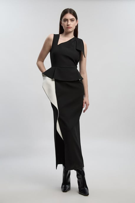 Compact Stretch Ruffle Peplum Belted Pencil Midi Dress - Image 1