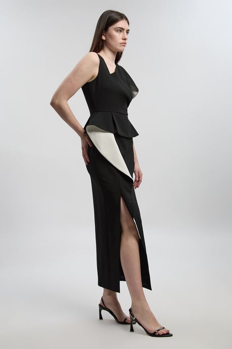 Compact Stretch Ruffle Peplum Belted Pencil Midi Dress - Image 2