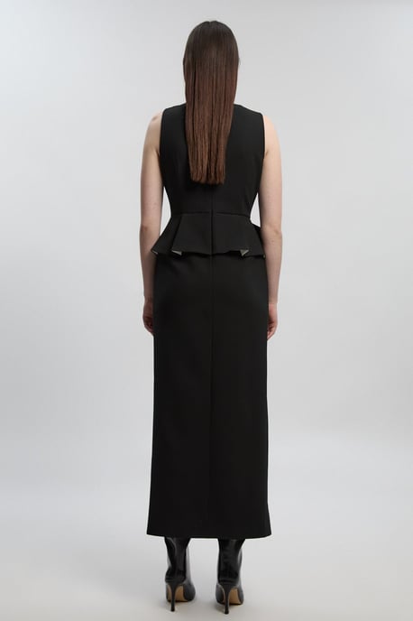 Compact Stretch Ruffle Peplum Belted Pencil Midi Dress - Image 3