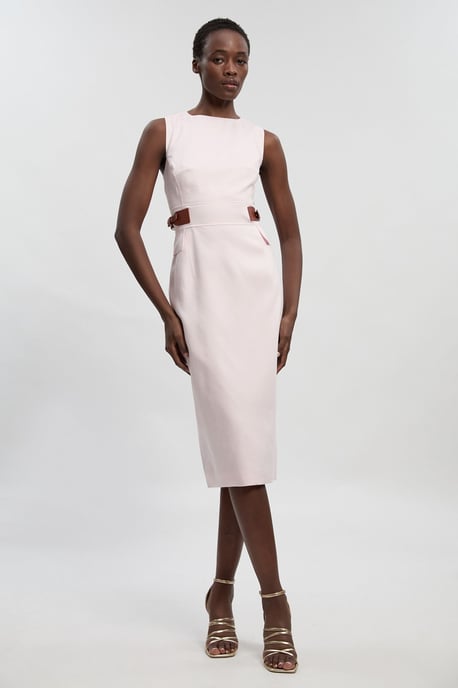 Tailored Linen Tab Waist Pencil Midi Dress - Image 2