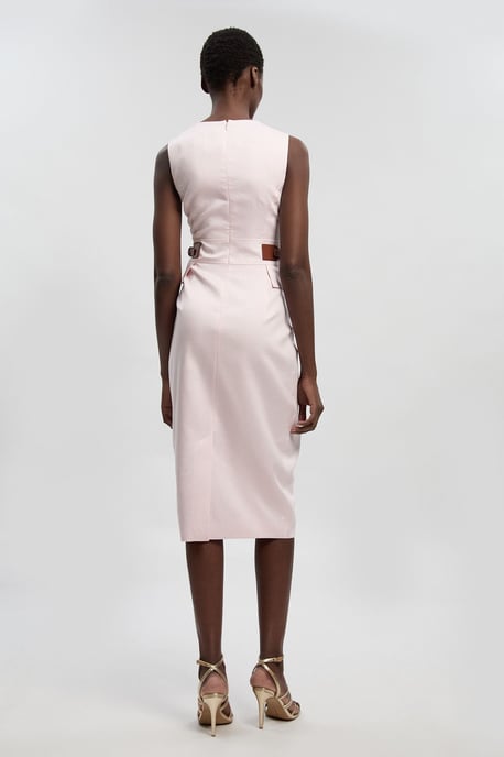 Tailored Linen Tab Waist Pencil Midi Dress - Image 4