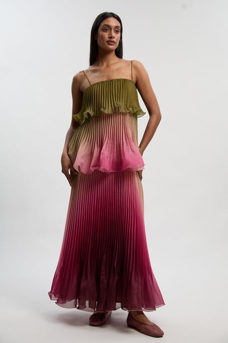 Pleated Slub Organdie Peplum Woven Maxi Dress - Image 5
