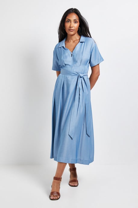 Petite Denim Look Zip Belted Midi Dress - Image 1