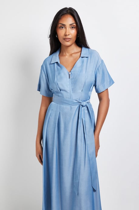 Petite Denim Look Zip Belted Midi Dress - Image 2