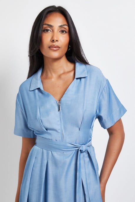 Petite Denim Look Zip Belted Midi Dress - Image 4