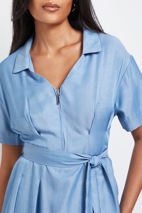 Petite Denim Look Zip Belted Midi Dress - Image 5