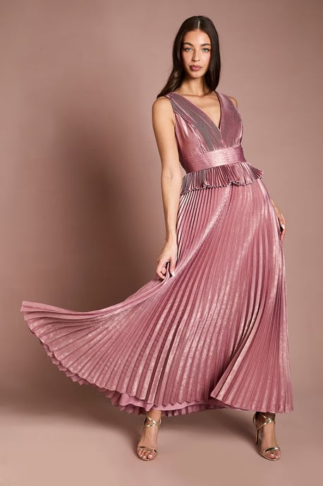 Sleeveless Metallic Pleated Maxi Dress With Peplum - Image 1