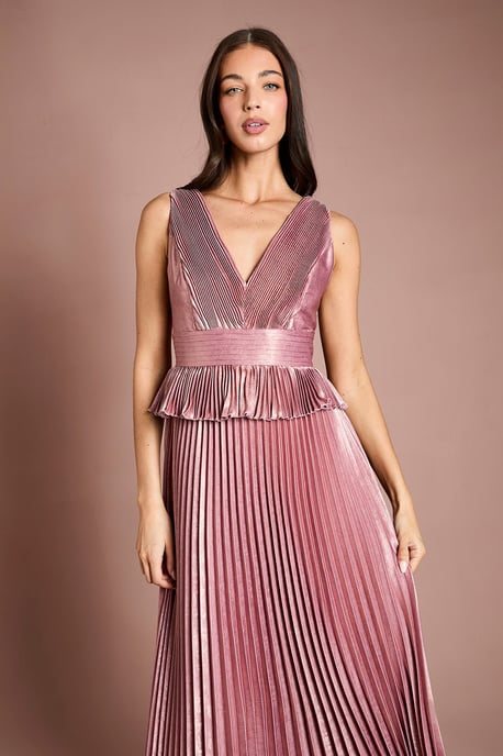 Sleeveless Metallic Pleated Maxi Dress With Peplum - Image 2