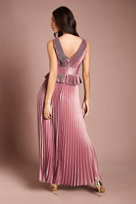 Sleeveless Metallic Pleated Maxi Dress With Peplum - Image 3