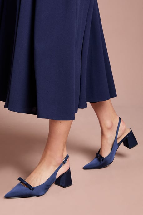 Riley Satin Bow Detail Slingback Medium Block Heel Court Shoes - Image 1