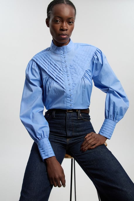 Cotton Pleated High Neck Balloon Sleeve Woven Blouse - Image 1
