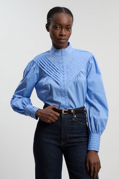 Cotton Pleated High Neck Balloon Sleeve Woven Blouse - Image 2