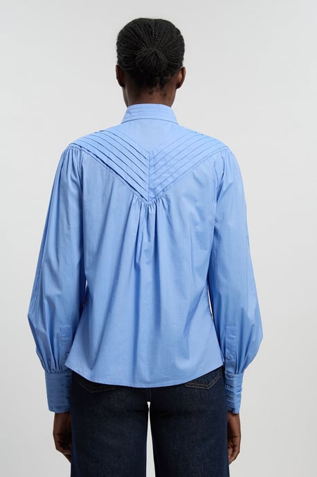 Cotton Pleated High Neck Balloon Sleeve Woven Blouse - Image 4