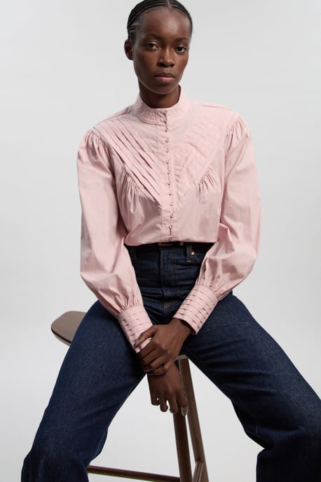 Cotton Pleated High Neck Balloon Sleeve Woven Blouse - Image 1