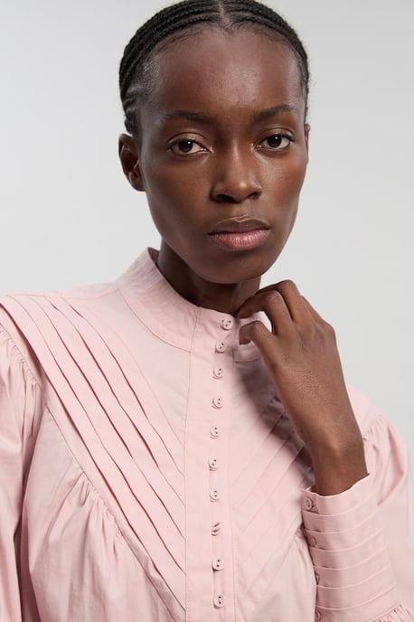 Cotton Pleated High Neck Balloon Sleeve Woven Blouse - Image 2