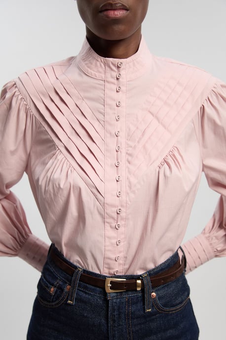 Cotton Pleated High Neck Balloon Sleeve Woven Blouse - Image 3
