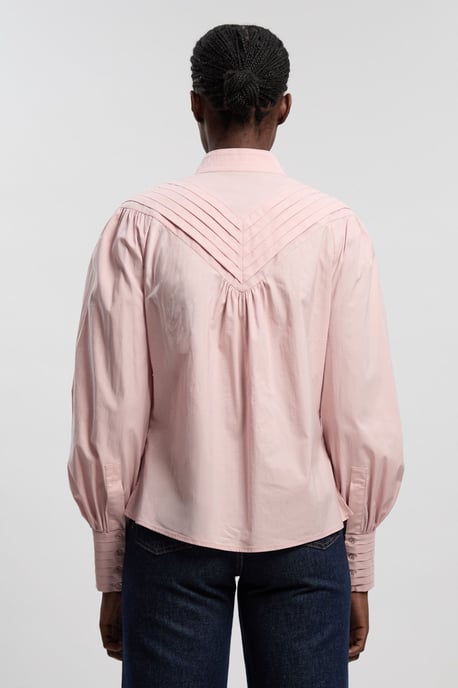 Cotton Pleated High Neck Balloon Sleeve Woven Blouse - Image 4