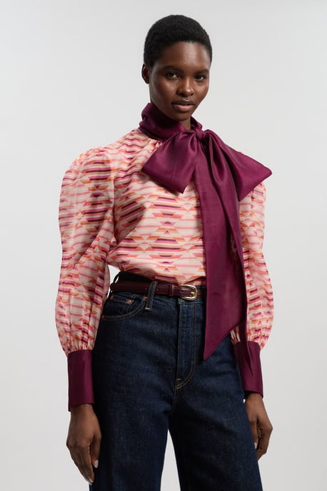 Geo Printed Organdie Pussybow Woven Blouse - Image 1