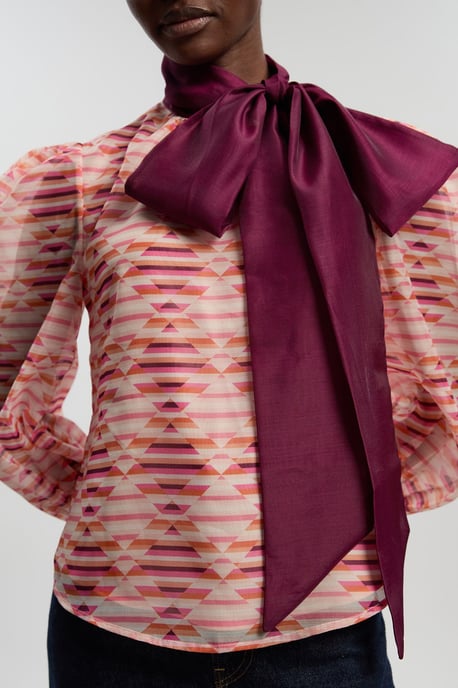 Geo Printed Organdie Pussybow Woven Blouse - Image 3