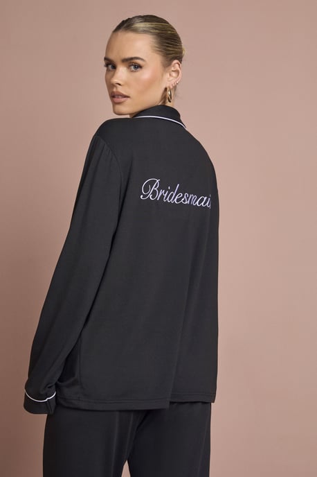 Bridal 'Bridesmaid' Jersey Embroidered Long Sleeve Shirt & Trousers Pyjama Set - Image 3