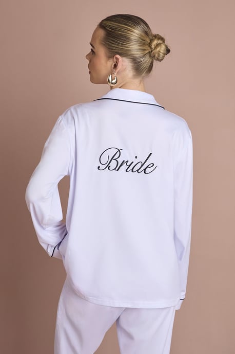 Bridal 'Bride' Jersey Embroidered Long Sleeve Shirt & Trousers Pyjama Set - Image 1