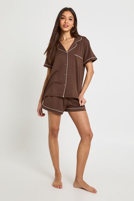Jersey Piping Detail Short Sleeve Shirt & Shorts Pyjama Set - Image 3