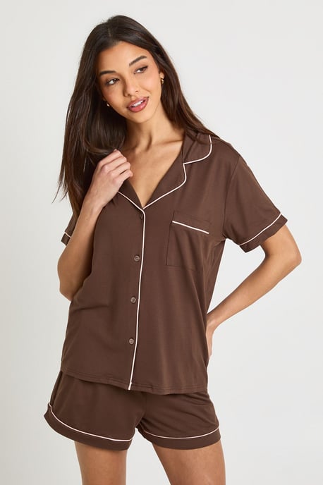 Jersey Piping Detail Short Sleeve Shirt & Shorts Pyjama Set - Image 4