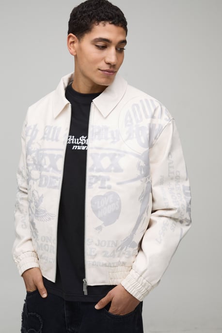 Boxy Fit PU Printed Graphic Varsity Jacket - Image 1