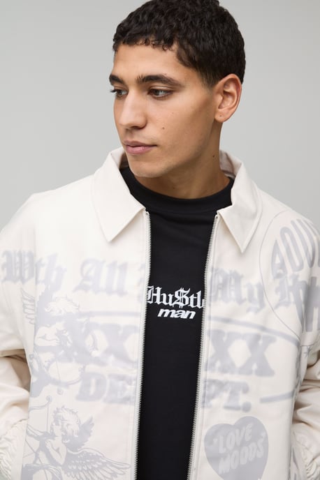 Boxy Fit PU Printed Graphic Varsity Jacket - Image 3