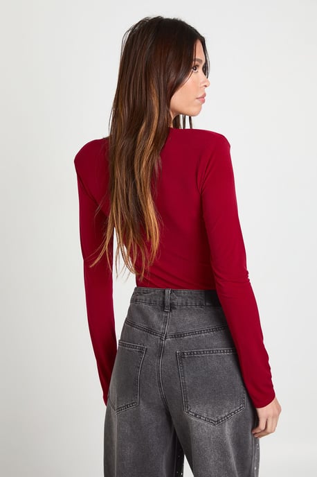 Slinky Plunge Front Long Sleeve Shoulder Pad Bodysuit - Image 2