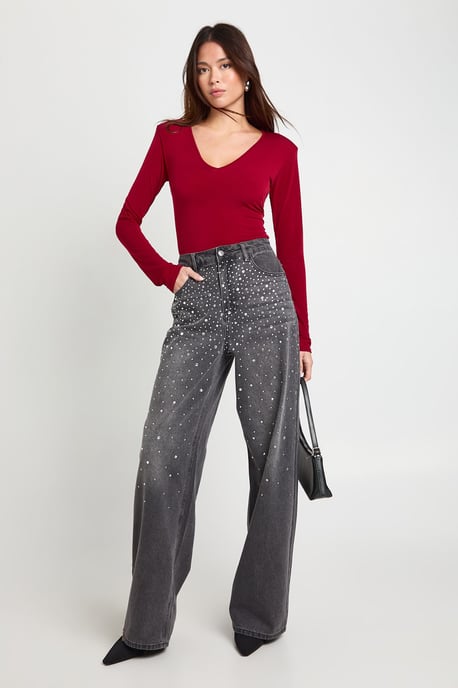 Slinky Plunge Front Long Sleeve Shoulder Pad Bodysuit - Image 4