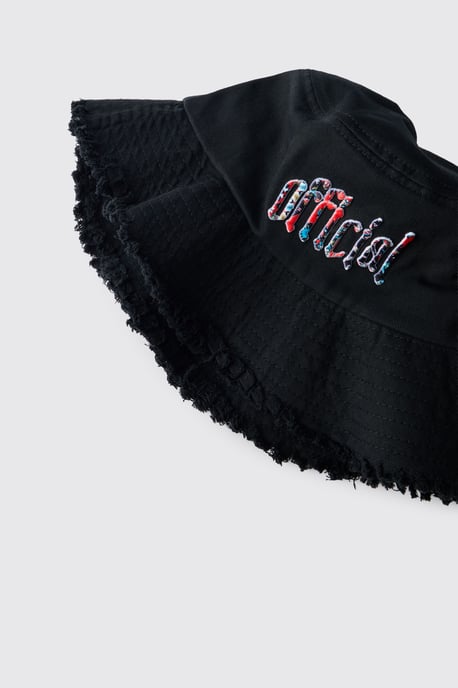 Bucket Hat With Distressed Edge Brim & Tapestry Applique - Image 3