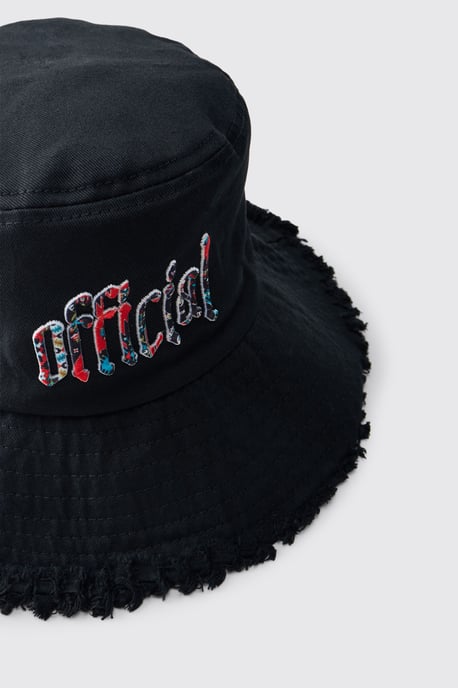 Bucket Hat With Distressed Edge Brim & Tapestry Applique - Image 4