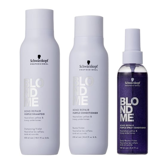 Schwarzkopf Blondme Bond Repair Purple Shampoo 300ml, Blondme Purple Conditioner 250ml & Blondme Purple Spray Conditioner 150ml Pack - Image 1