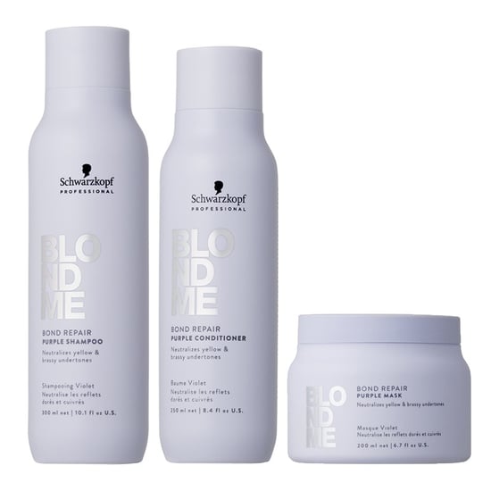 Schwarzkopf Blondme Bond Repair Purple Shampoo 300ml, Blondme Purple Conditioner 250ml & Blondme Purple Mask 200ml Pack - Image 1