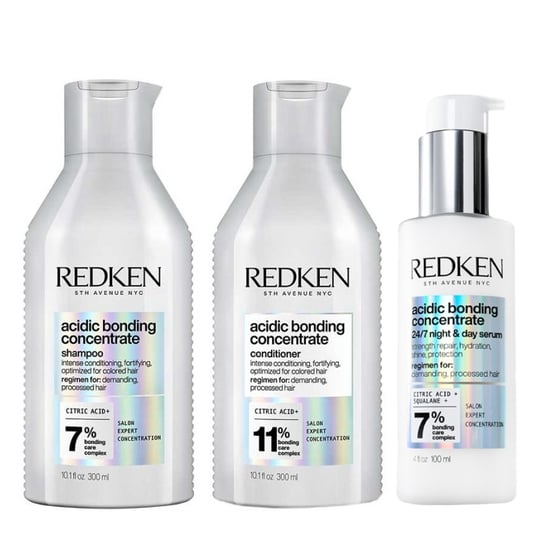 Redken Acidic Bonding Concentrate Shampoo 300ml, Conditioner 300ml And 24/7 Night & Day Serum 100ml Pack - Image 1