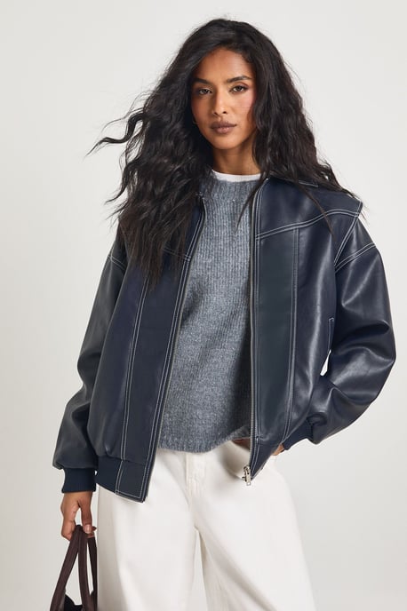 Faux Leather Contrast Stitch Bomber Jacket - Image 1