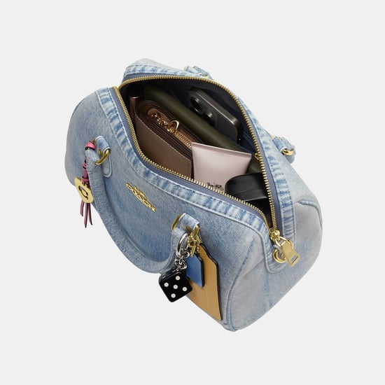 Rowan Satchel Bag In Loved Denim With Charms - Image 3