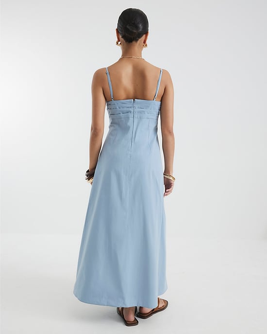 River Island Womens Midi Dress Petite Blue Pintuck Waist V-Neck - Image 3