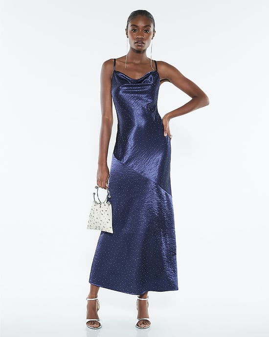 River Island Womens Slip Midi Dress Navy Satin Diamante Detail - Image 1
