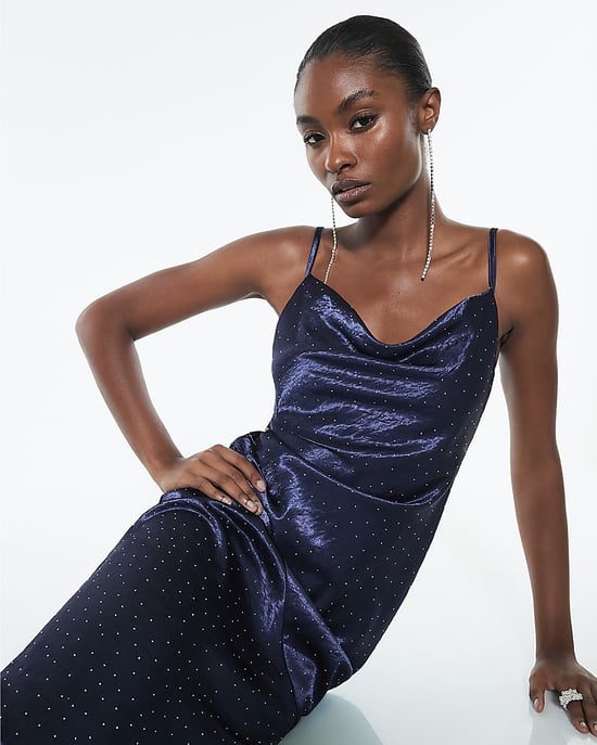 River Island Womens Slip Midi Dress Navy Satin Diamante Detail - Image 4