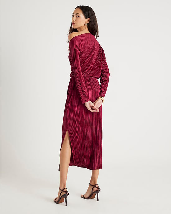 River Island Womens Midi Dress Red Plisse Long Sleeve - Image 3