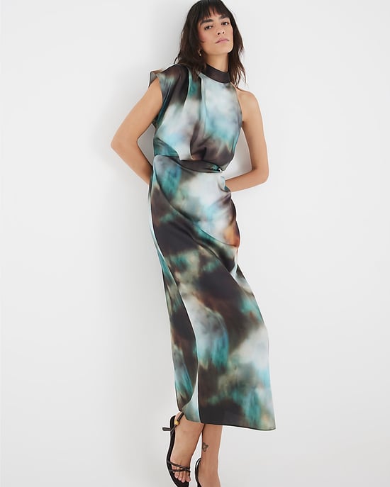 River Island Womens Midi Dress Green Satin Printed High Neck - Image 3